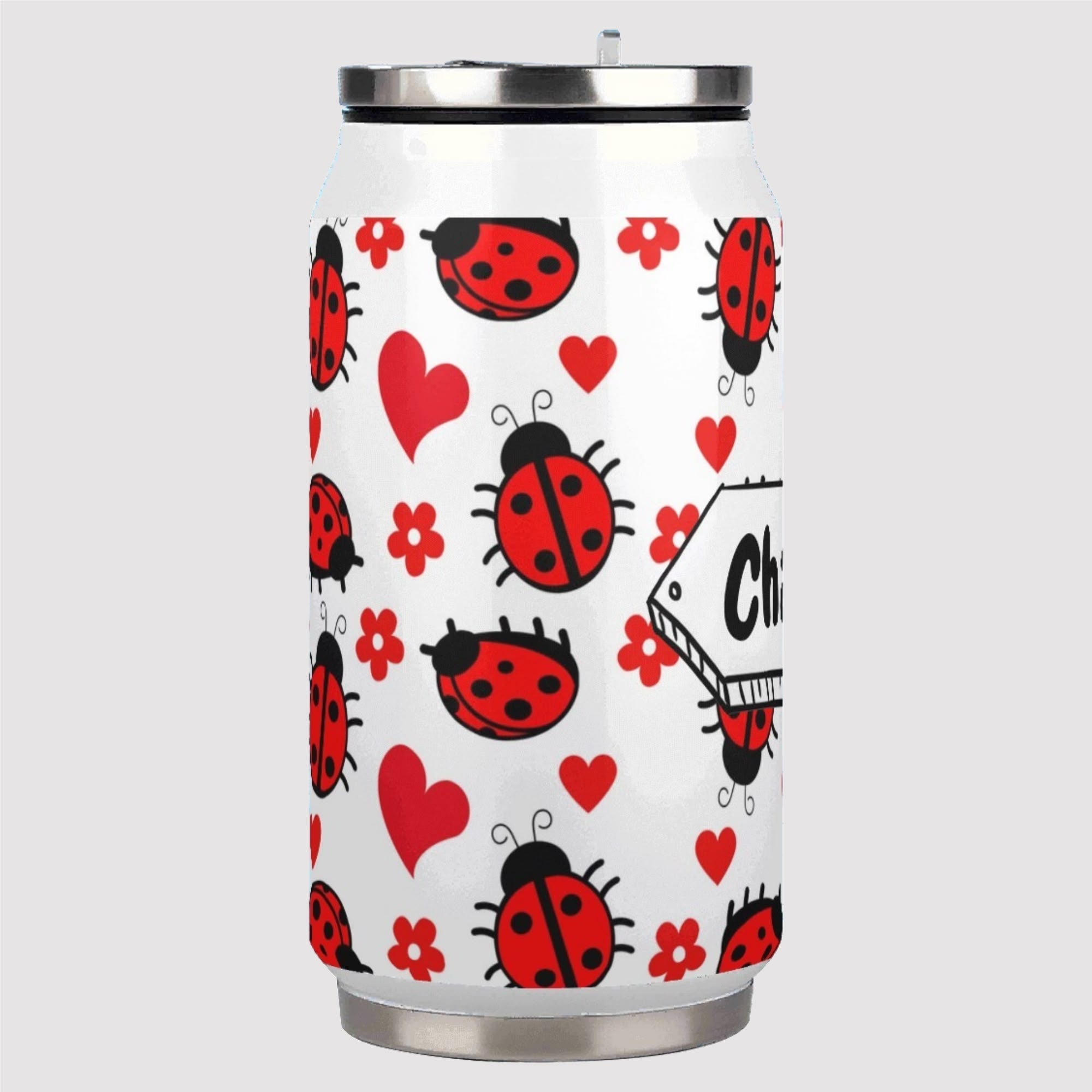 Personalised Ladybugs 300ml Stainless Steel Can Shaped Tumbler With Straw Lid Personalised 300ml Can Shaped Tumbler animal Printed Offshore