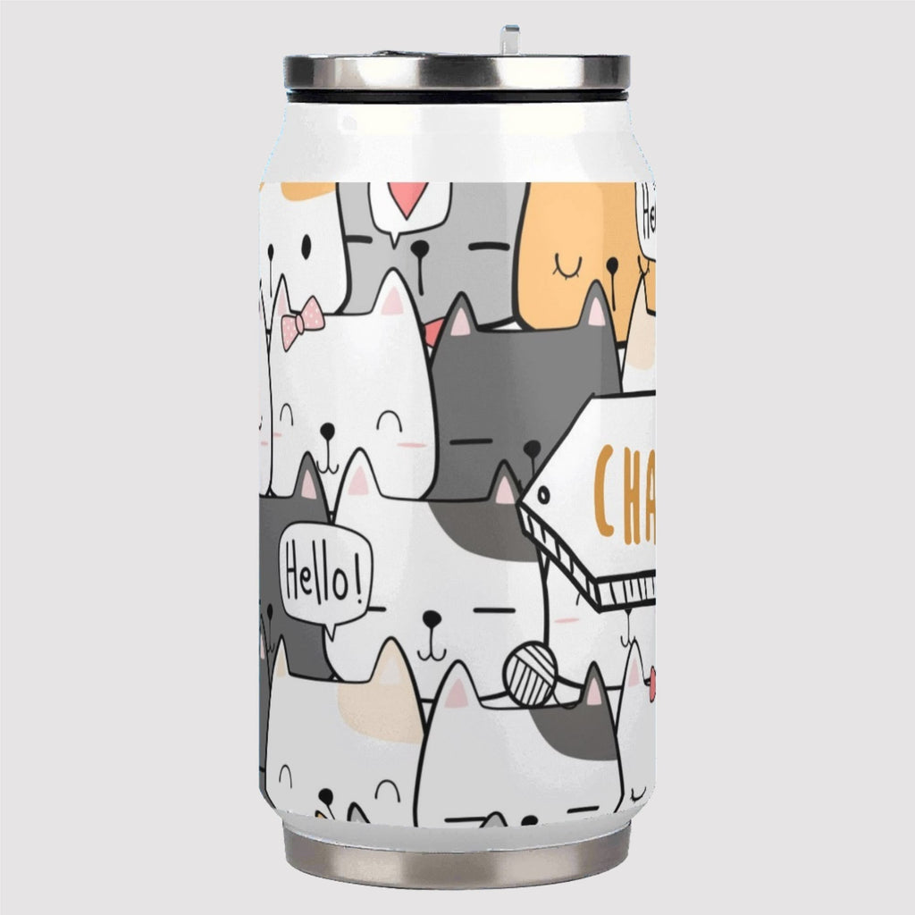 Personalised Cat Hello 300ml Stainless Steel Can Shaped Tumbler With Straw Lid Personalised 300ml Can Shaped Tumbler animal Printed Offshore