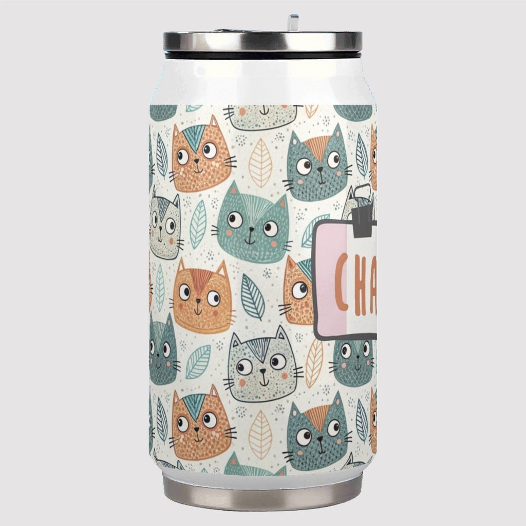 Personalised Cute Cat Faces 300ml Stainless Steel Can Shaped Tumbler With Straw Lid Personalised 300ml Can Shaped Tumbler animal Printed Offshore
