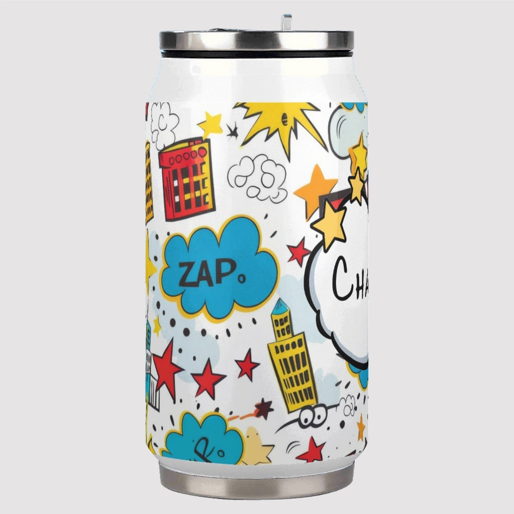 Personalised Comic Book Zap 300ml Stainless Steel Can Shaped Tumbler With Straw Lid Personalised 300ml Can Shaped Tumbler comic Printed Offshore