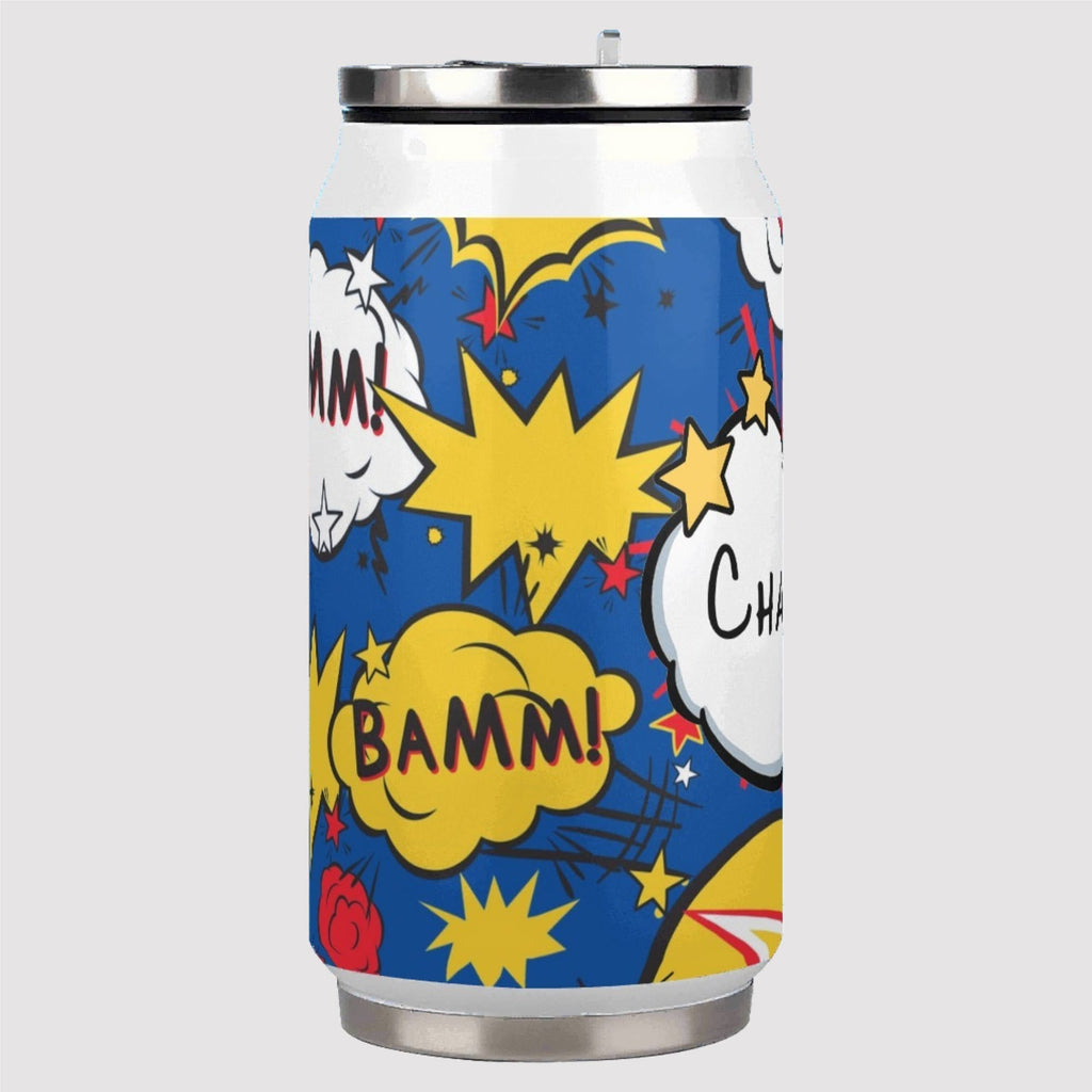 Personalised Comic Book Blue 300ml Stainless Steel Can Shaped Tumbler With Straw Lid Personalised 300ml Can Shaped Tumbler comic Printed Offshore