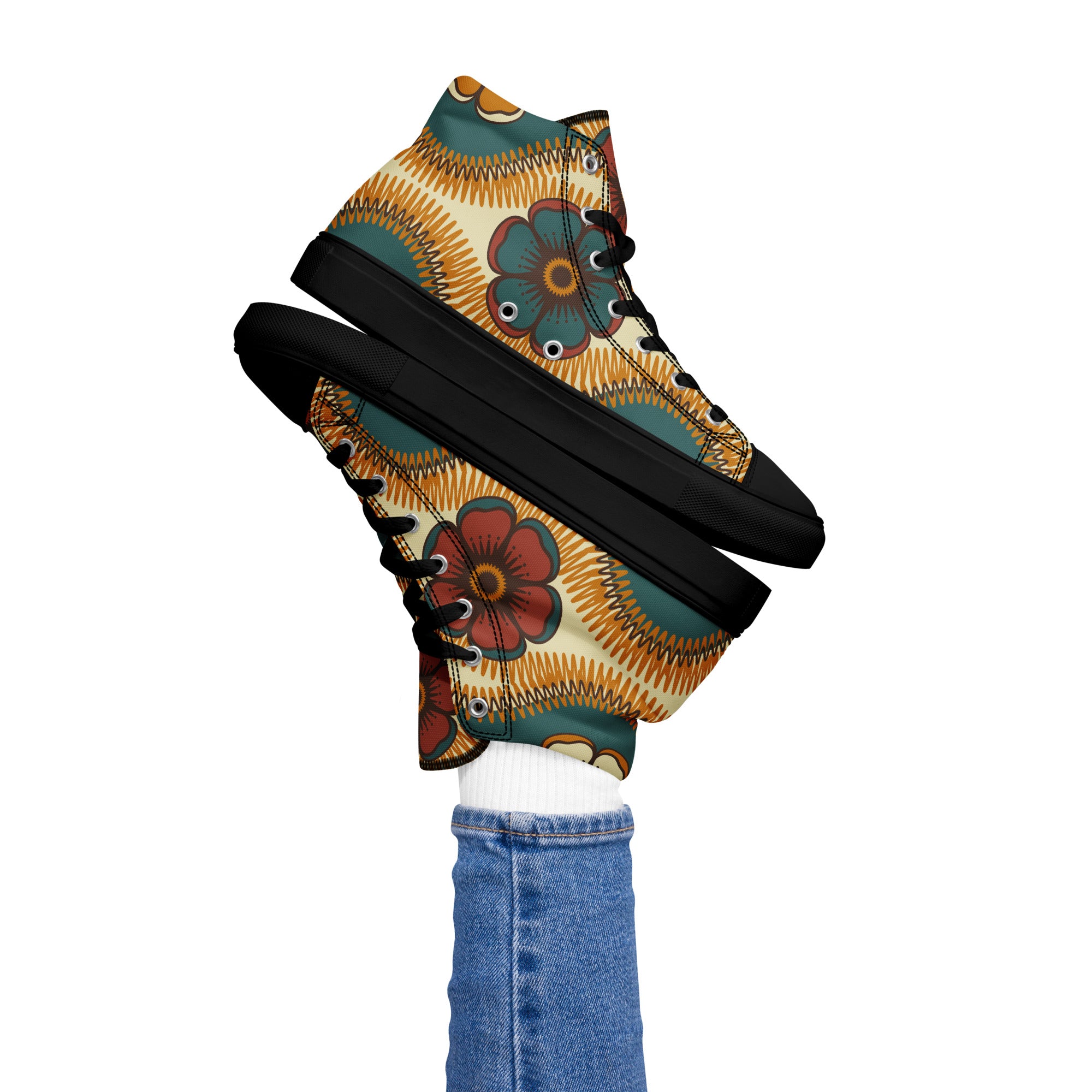 Vintage Floral - Women’s high top canvas shoes Black Womens High Top Shoes Retro