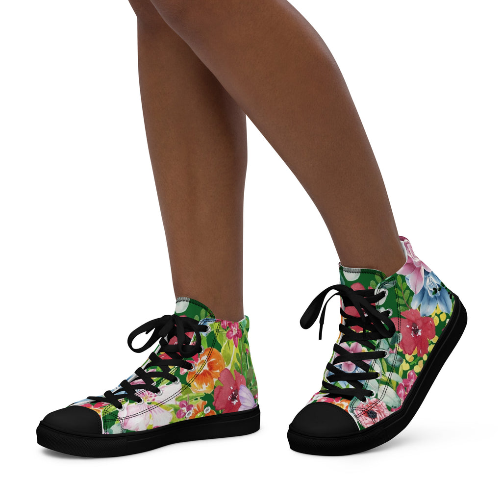 Bright Floral - Women’s high top canvas shoes Black Womens High Top Shoes Plants