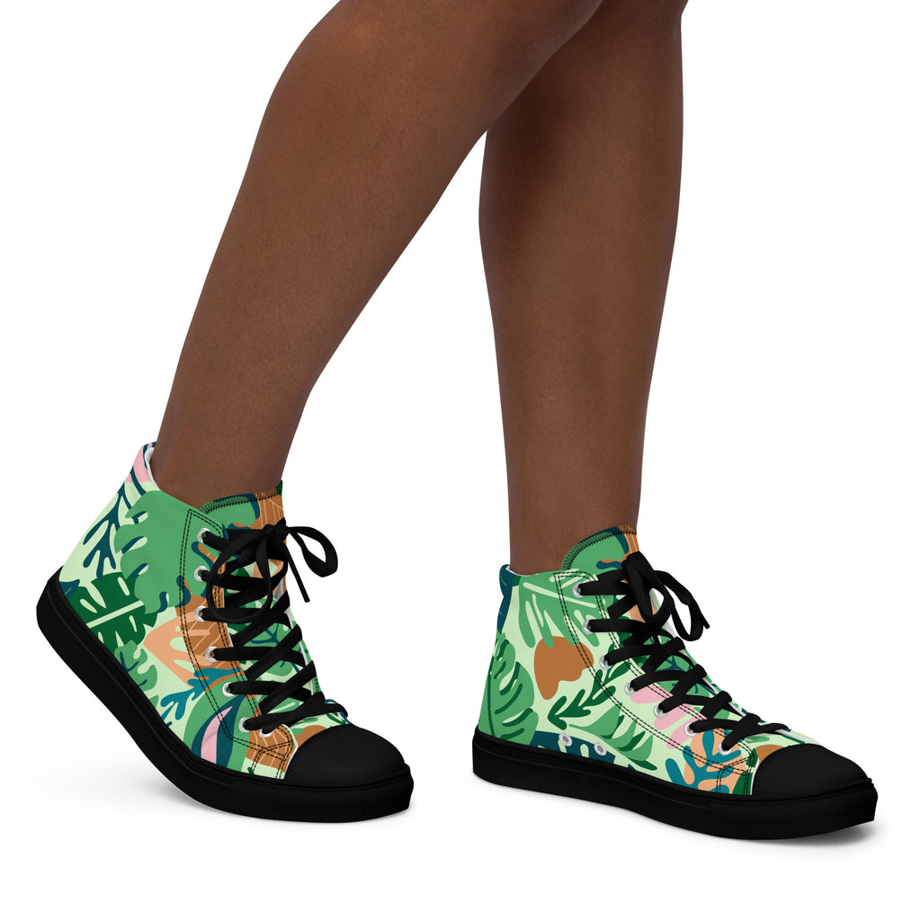 Tropical - Women’s high top canvas shoes Black Womens High Top Shoes Plants
