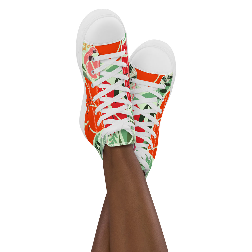 Red Floral - Women’s high top canvas shoes White Womens High Top Shoes Plants