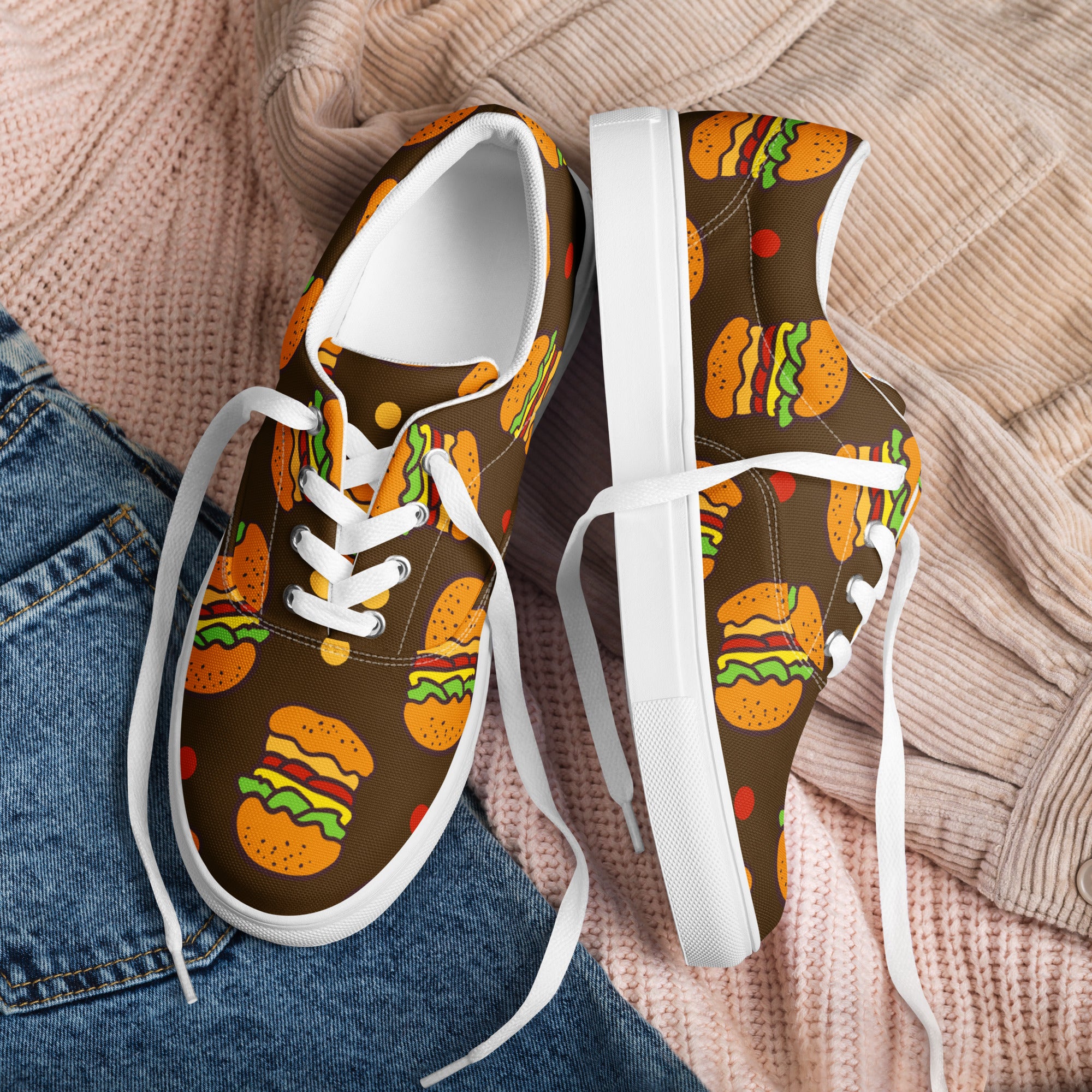 Burgers - Women’s lace-up canvas shoes 12 Womens Lace Up Canvas Shoes Food Printed Offshore