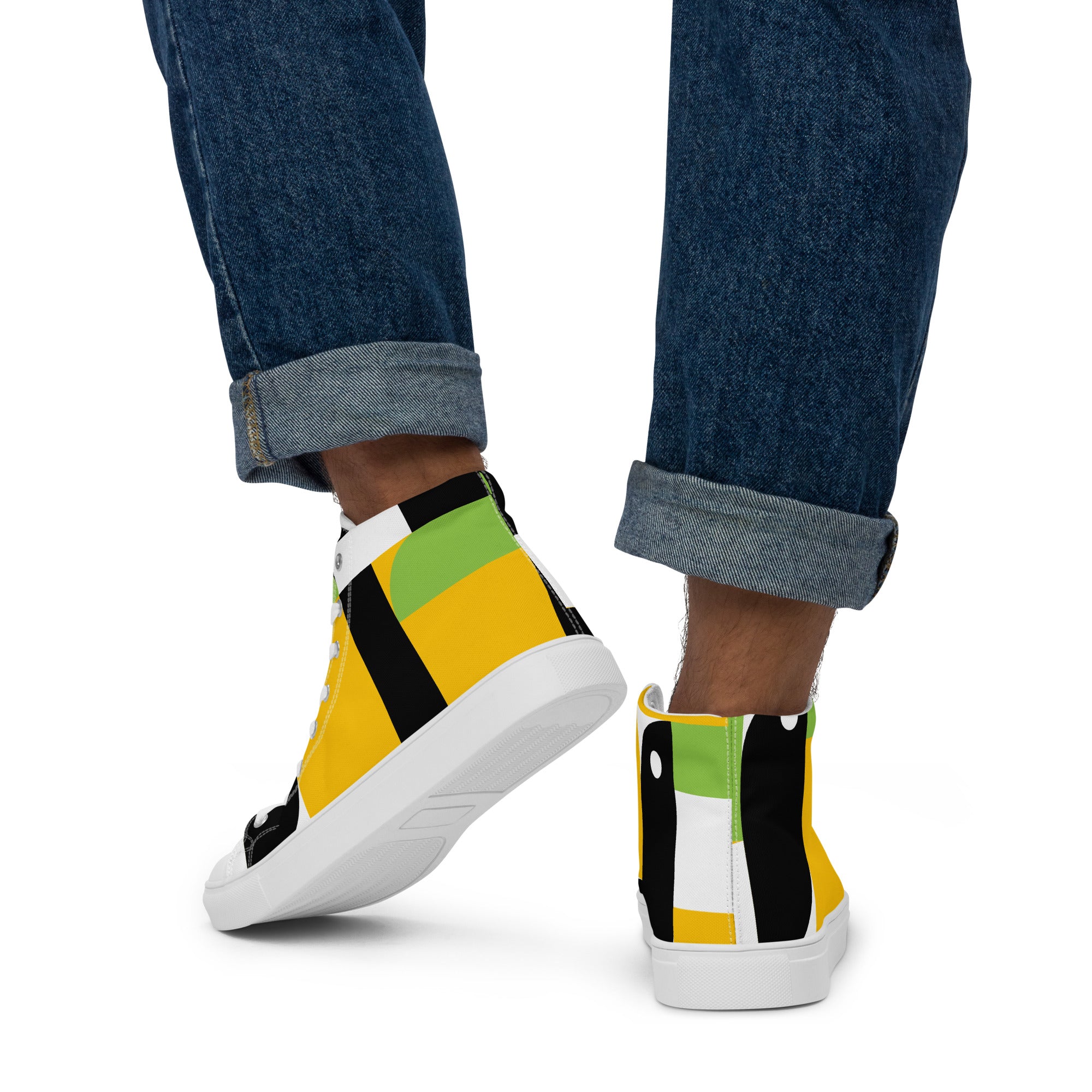 Yellow, Green And Black Geometric - Men’s high top canvas shoes Mens High Top Shoes Outside Australia Printed Offshore