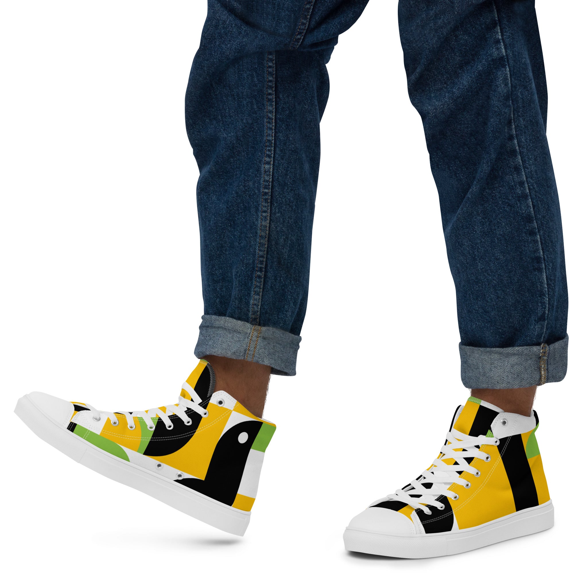 Yellow, Green And Black Geometric - Men’s high top canvas shoes 13 Mens High Top Shoes Outside Australia Printed Offshore