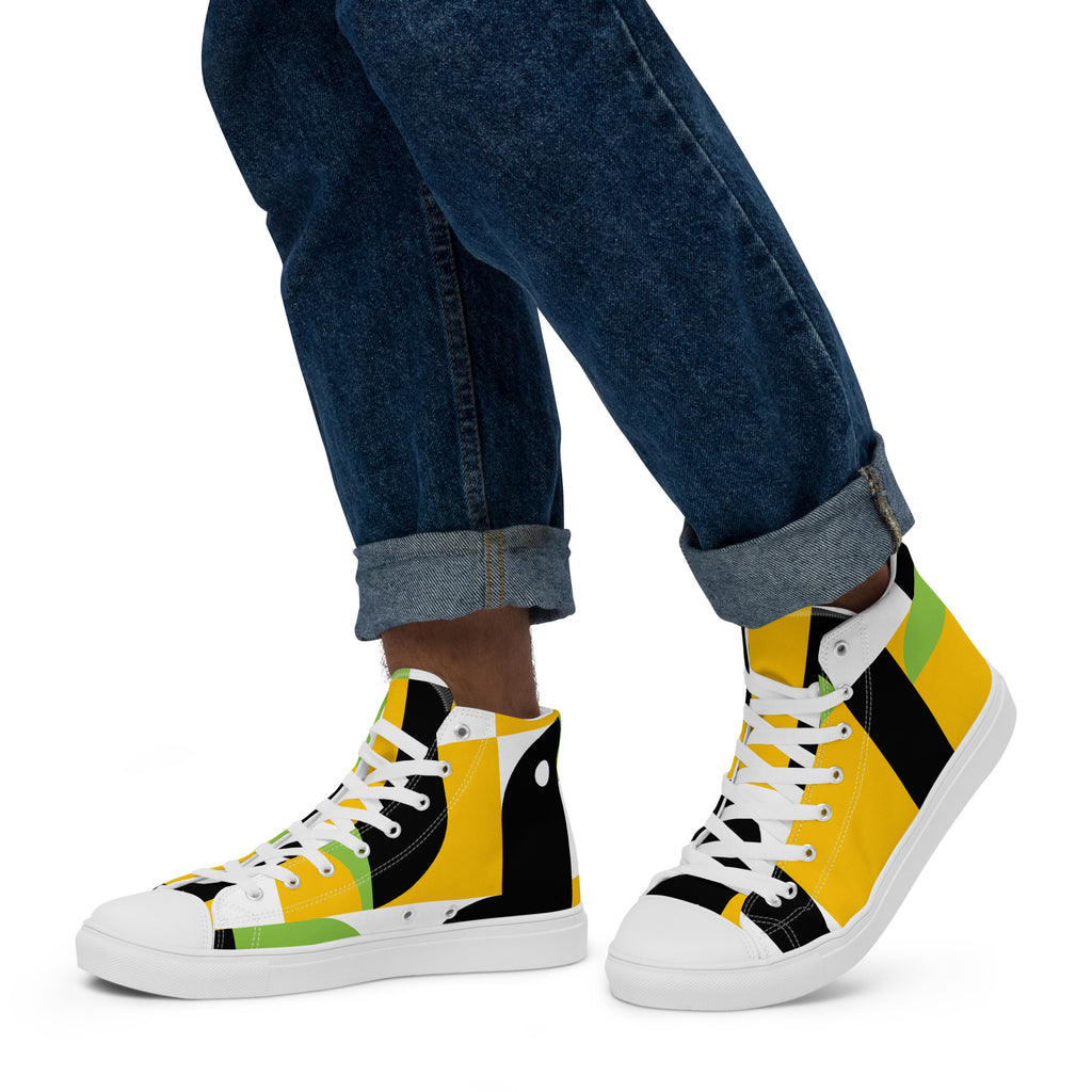 Yellow, Green And Black Geometric - Men’s high top canvas shoes Mens High Top Shoes Outside Australia Printed Offshore