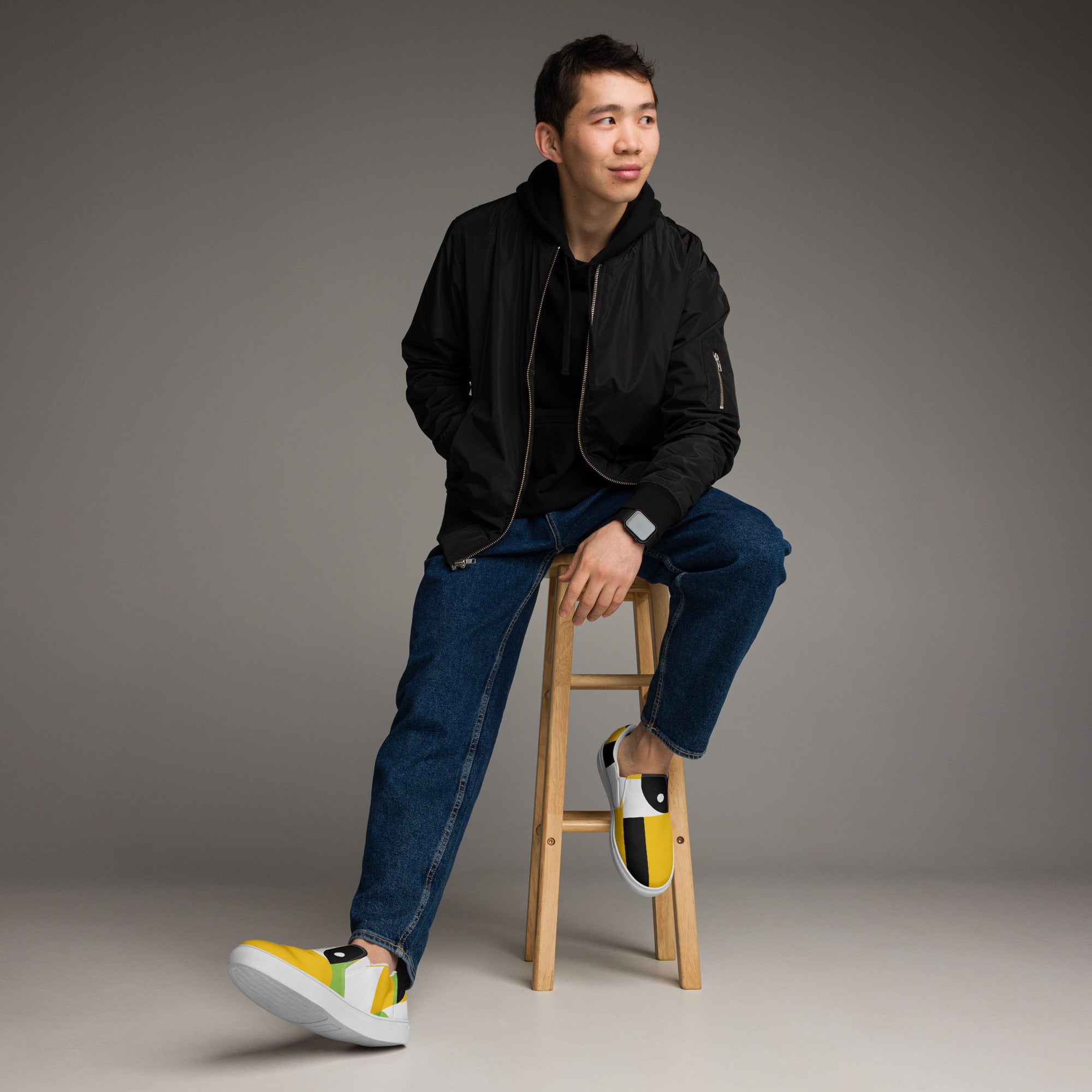 Yellow, Green And Black Geometric - Men’s slip-on canvas shoes 13 Mens Slip On Shoes Printed Offshore