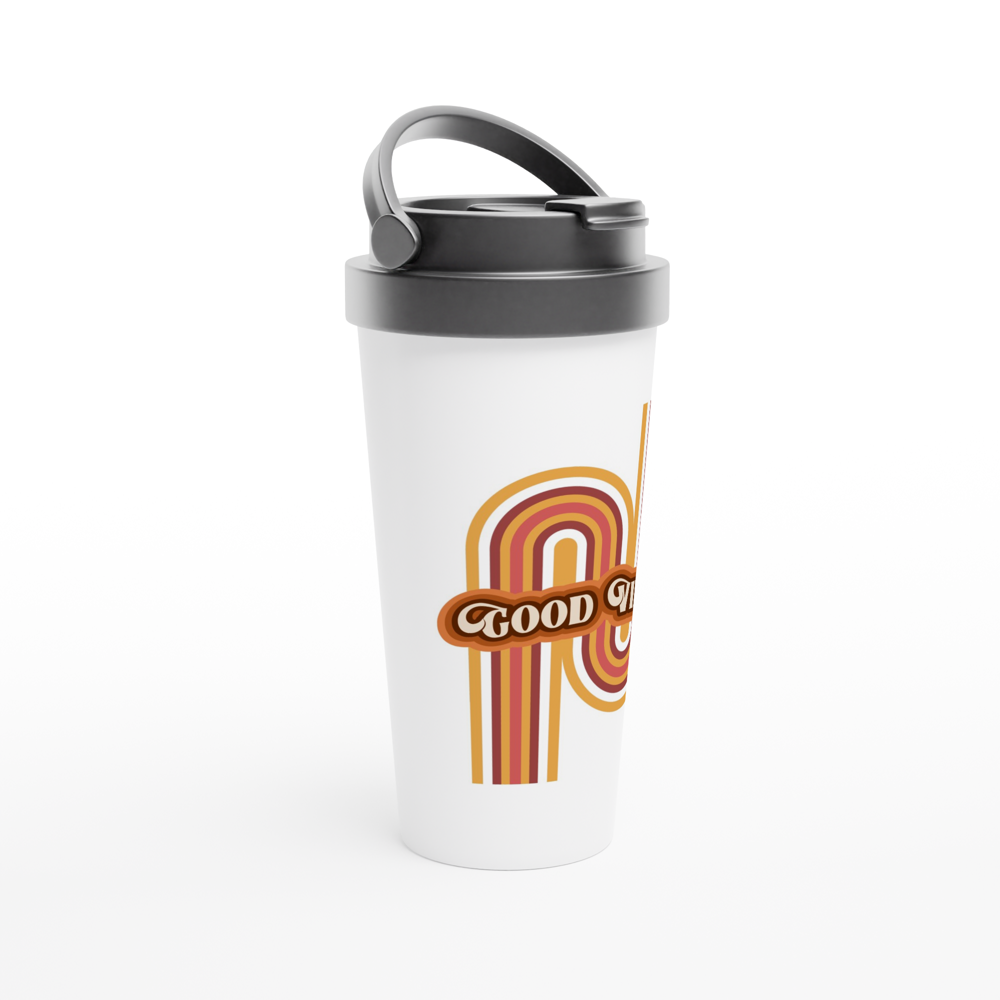 Good Vibes - White 15oz Stainless Steel Travel Mug Travel Mug Globally Fulfilled Retro