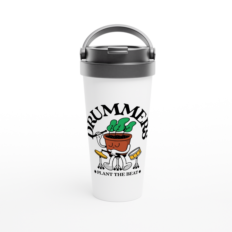 Drummers White 15oz Stainless Steel Travel Mug Travel Mug Globally Fulfilled Music Plants