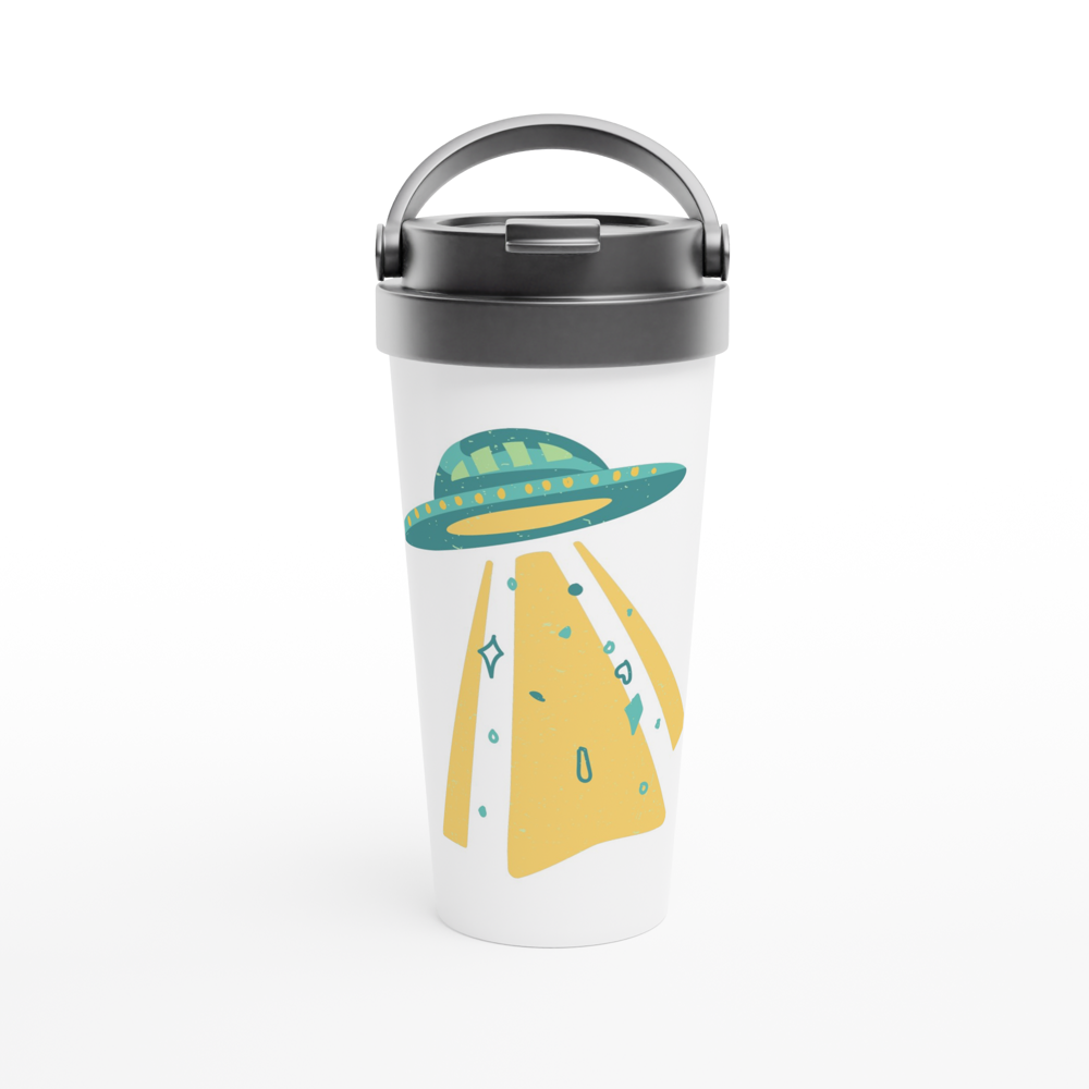 Alien UFO - White 15oz Stainless Steel Travel Mug White 15oz Stainless Steel Travel Mug Travel Mug Globally Fulfilled Sci Fi Space
