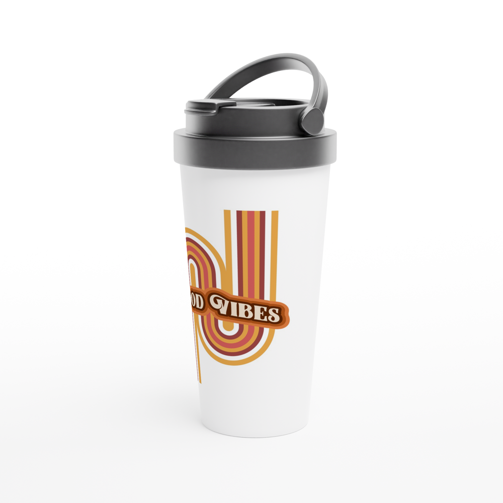 Good Vibes - White 15oz Stainless Steel Travel Mug Travel Mug Globally Fulfilled Retro