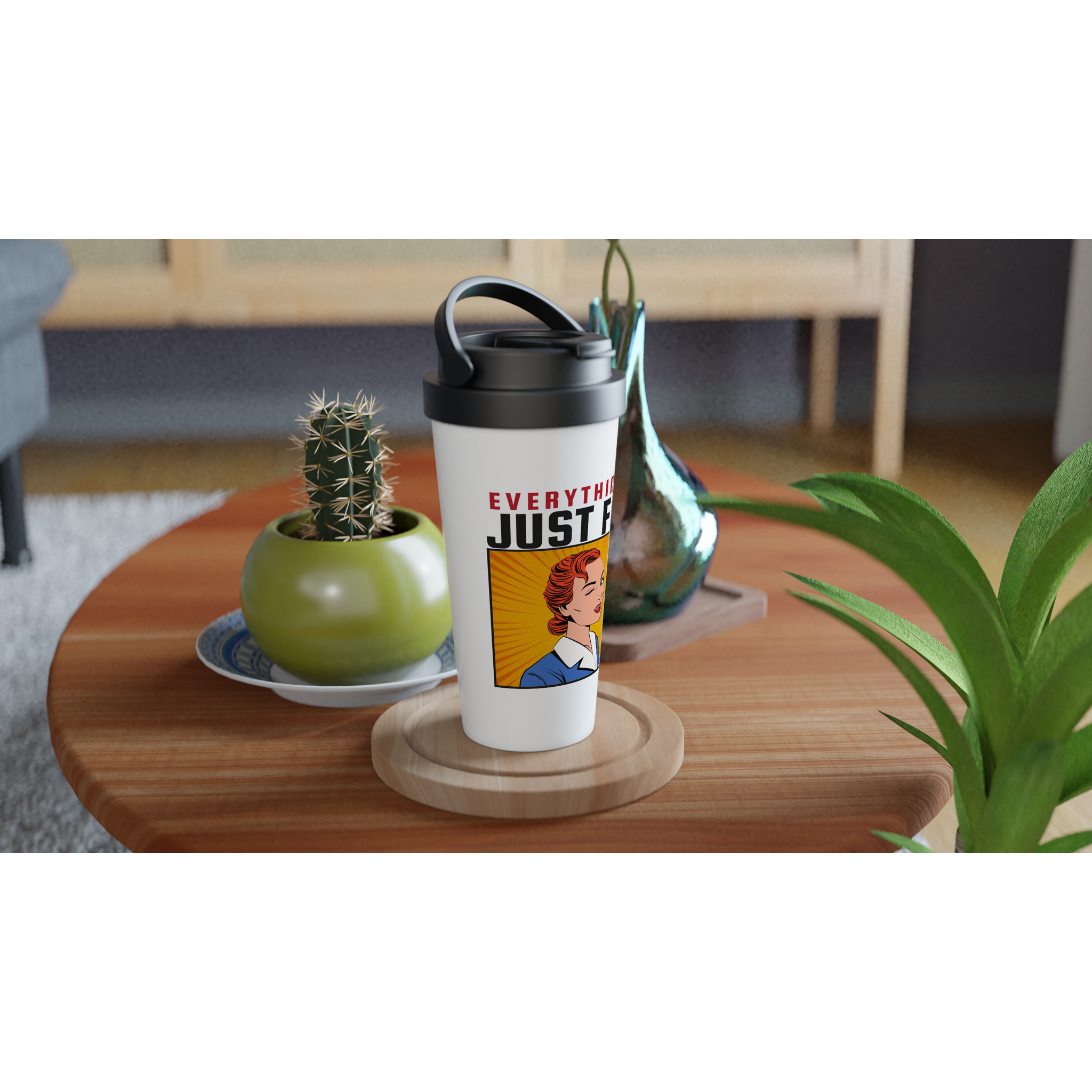 Everything Is Just Fine - White 15oz Stainless Steel Travel Mug Travel Mug comic Globally Fulfilled Retro