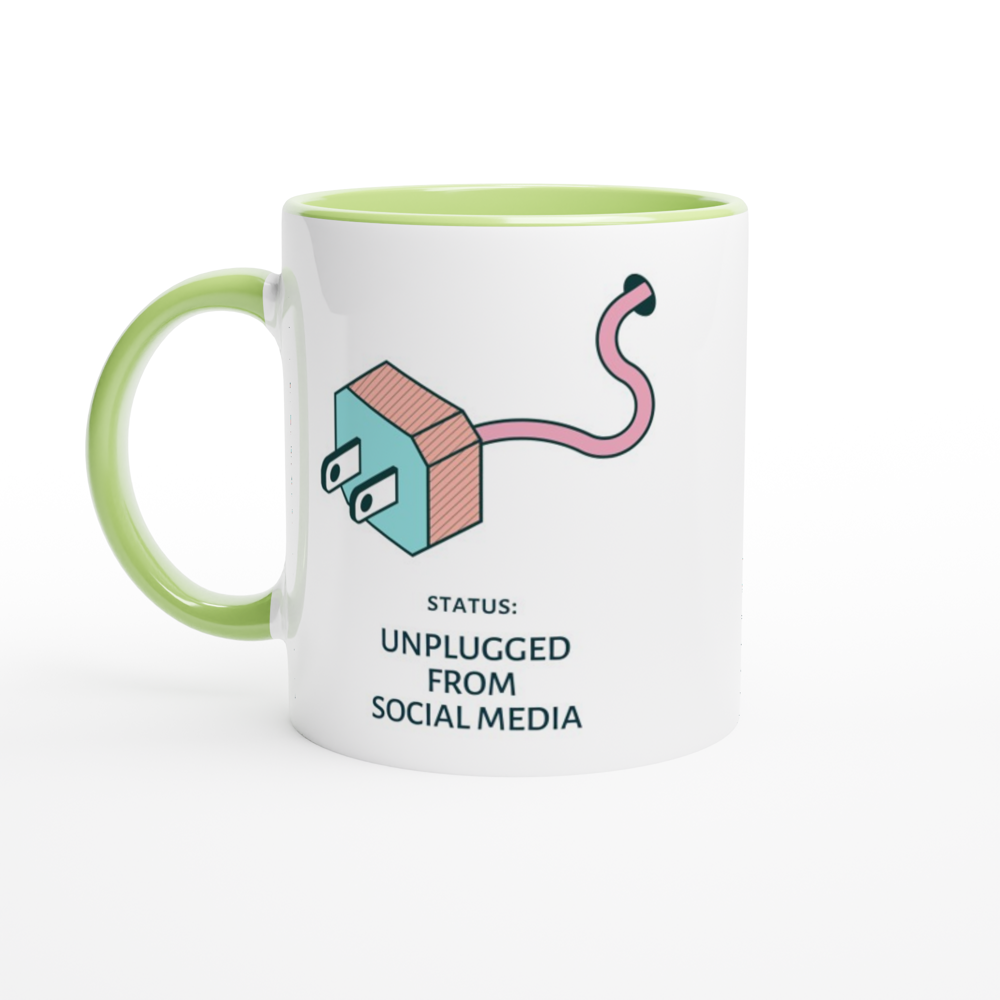 Status: Unplugged From Social Media - White 11oz Ceramic Mug With Colour Inside White 11oz Ceramic Mug with Color Inside Ceramic Green Colour 11oz Mug Globally Fulfilled