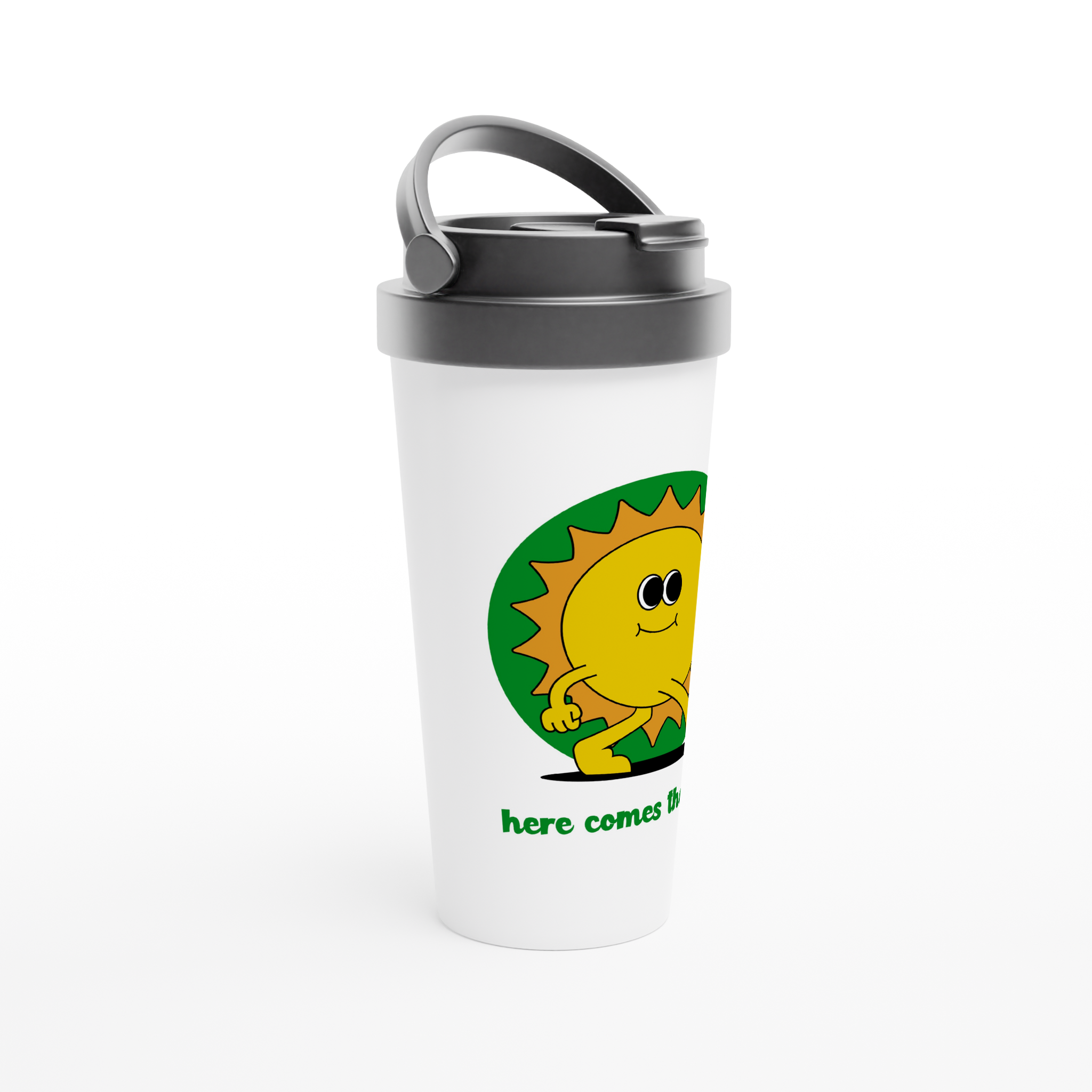 Here Comes The Sun - White 15oz Stainless Steel Travel Mug Travel Mug Globally Fulfilled Retro Summer