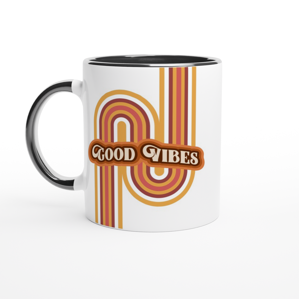 Good Vibes - White 11oz Ceramic Mug with Colour Inside ceramic black Colour 11oz Mug Globally Fulfilled Retro