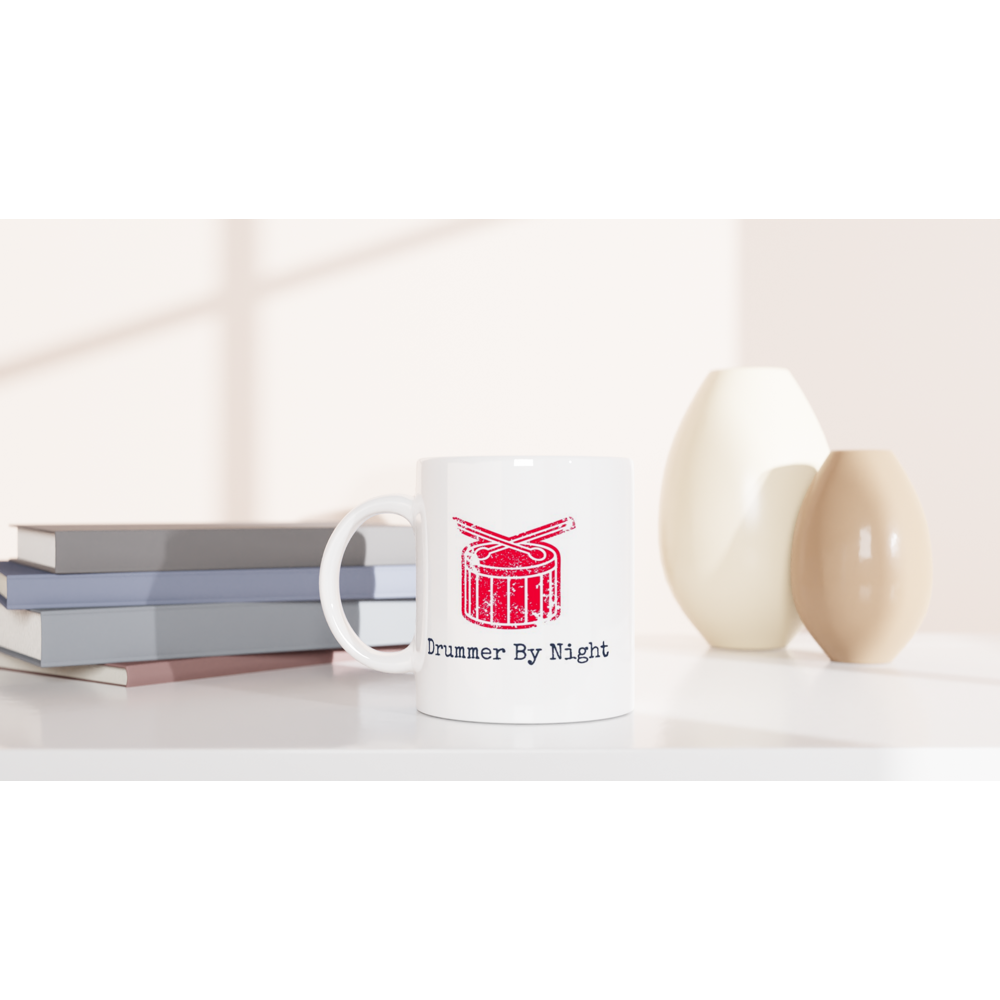 Drummer By Night - White 11oz Ceramic Mug White 11oz Mug Globally Fulfilled Music