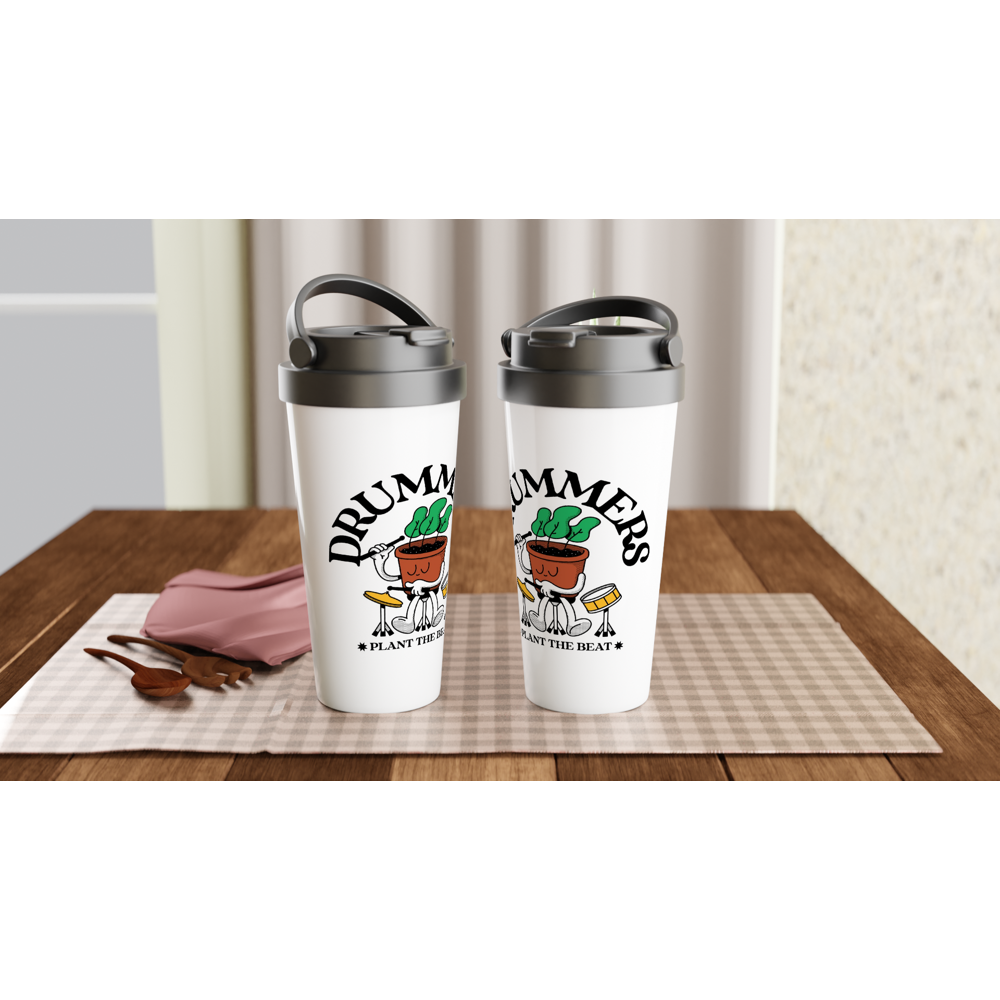Drummers - White 15oz Stainless Steel Travel Mug Travel Mug Globally Fulfilled Music Plants