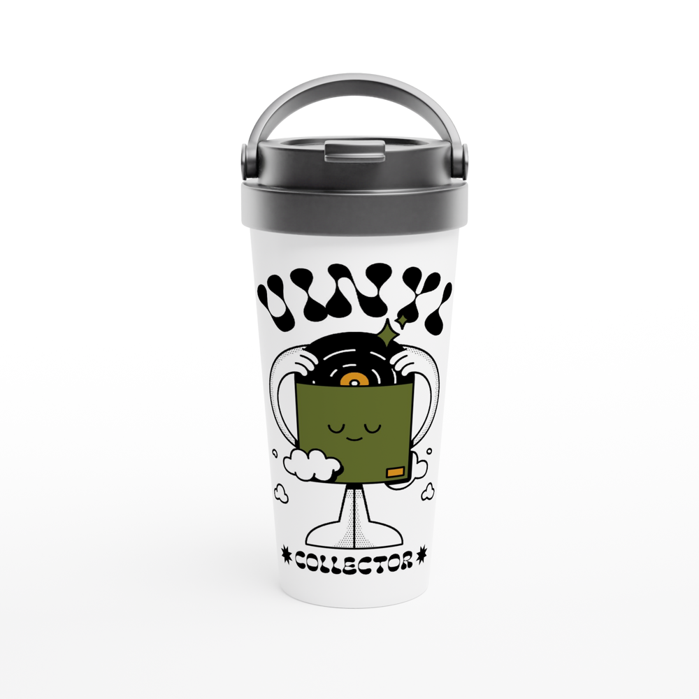 Vinyl Collector - White 15oz Stainless Steel Travel Mug Travel Mug Globally Fulfilled Music Retro