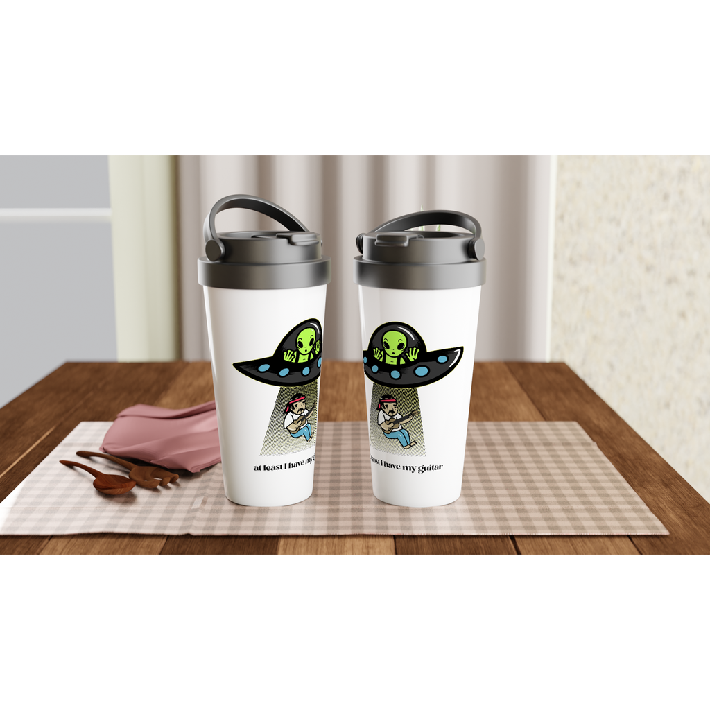 Guitarist Alien Abduction - White 15oz Stainless Steel Travel Mug Travel Mug Globally Fulfilled Music Sci Fi