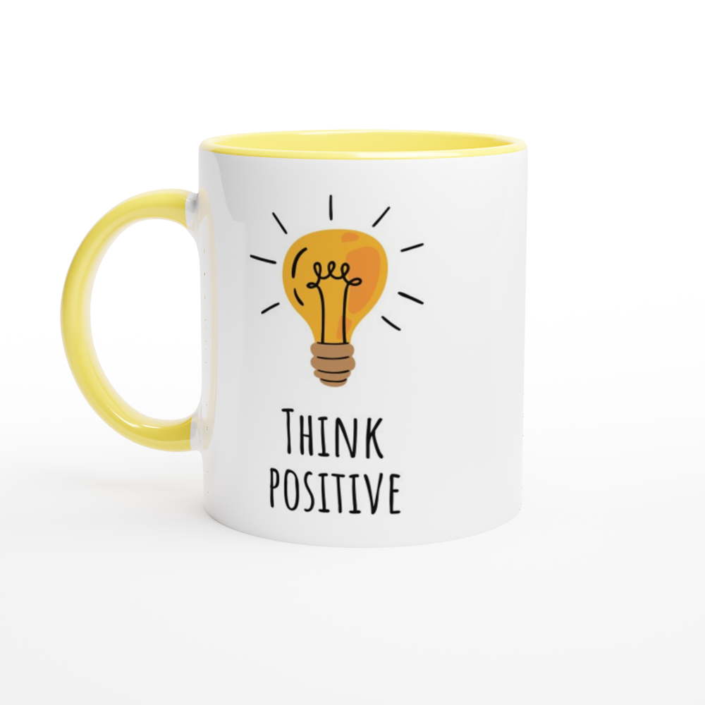 Think Positive - White 11oz Ceramic Mug with Colour Inside ceramic yellow Colour 11oz Mug Globally Fulfilled Motivation