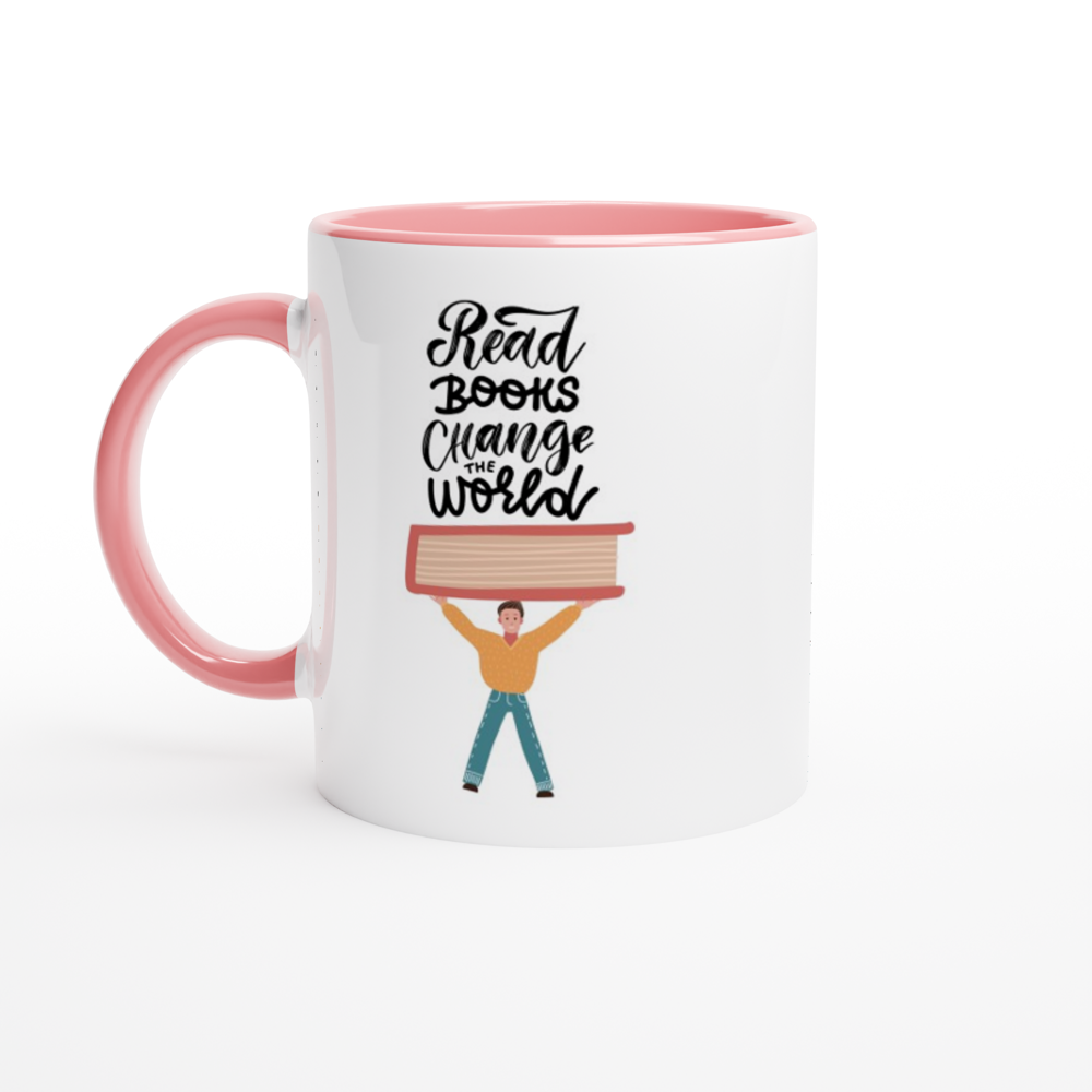 Read Books, Change The World - White 11oz Ceramic Mug with Colour Inside ceramic pink Colour 11oz Mug Globally Fulfilled Reading