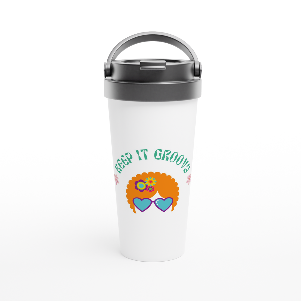 Keep It groovy - White 15oz Stainless Steel Travel Mug White 15oz Stainless Steel Travel Mug Travel Mug Globally Fulfilled Retro