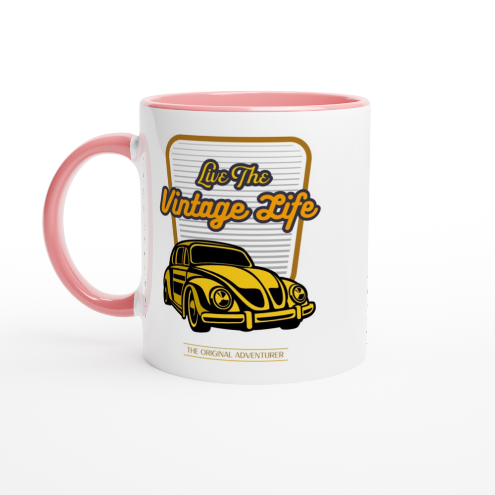 Live The Vintage Life - White 11oz Ceramic Mug with Colour Inside ceramic pink Colour 11oz Mug Globally Fulfilled Retro