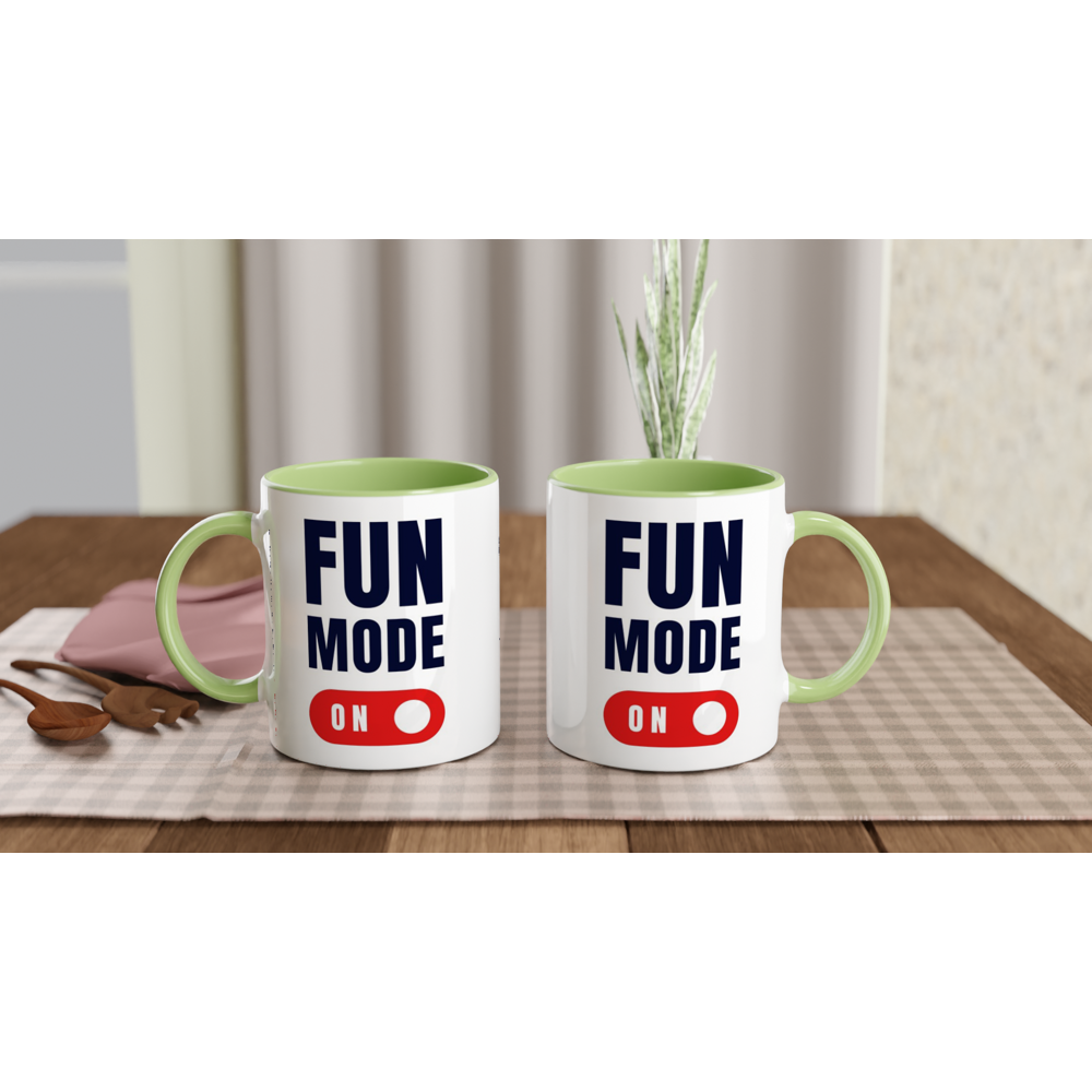 Fun Mode On - White 11oz Ceramic Mug with Colour Inside Colour 11oz Mug Funny Globally Fulfilled