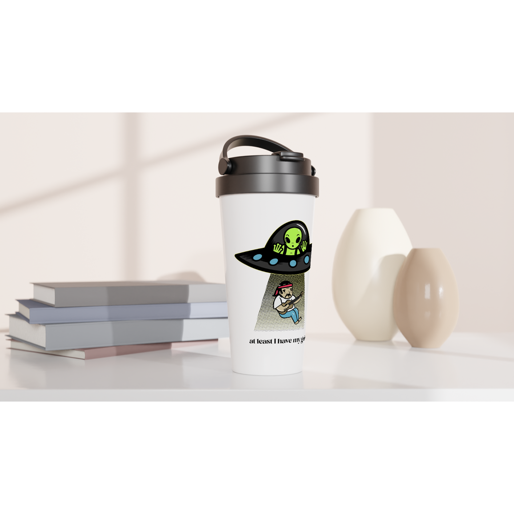 Guitarist Alien Abduction - White 15oz Stainless Steel Travel Mug Travel Mug Globally Fulfilled Music Sci Fi