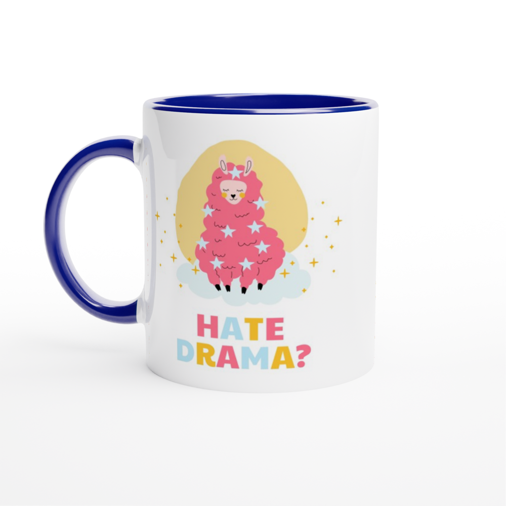 Hate Drama? No Probllama - White 11oz Ceramic Mug with Colour Inside ceramic blue Colour 11oz Mug animal Globally Fulfilled