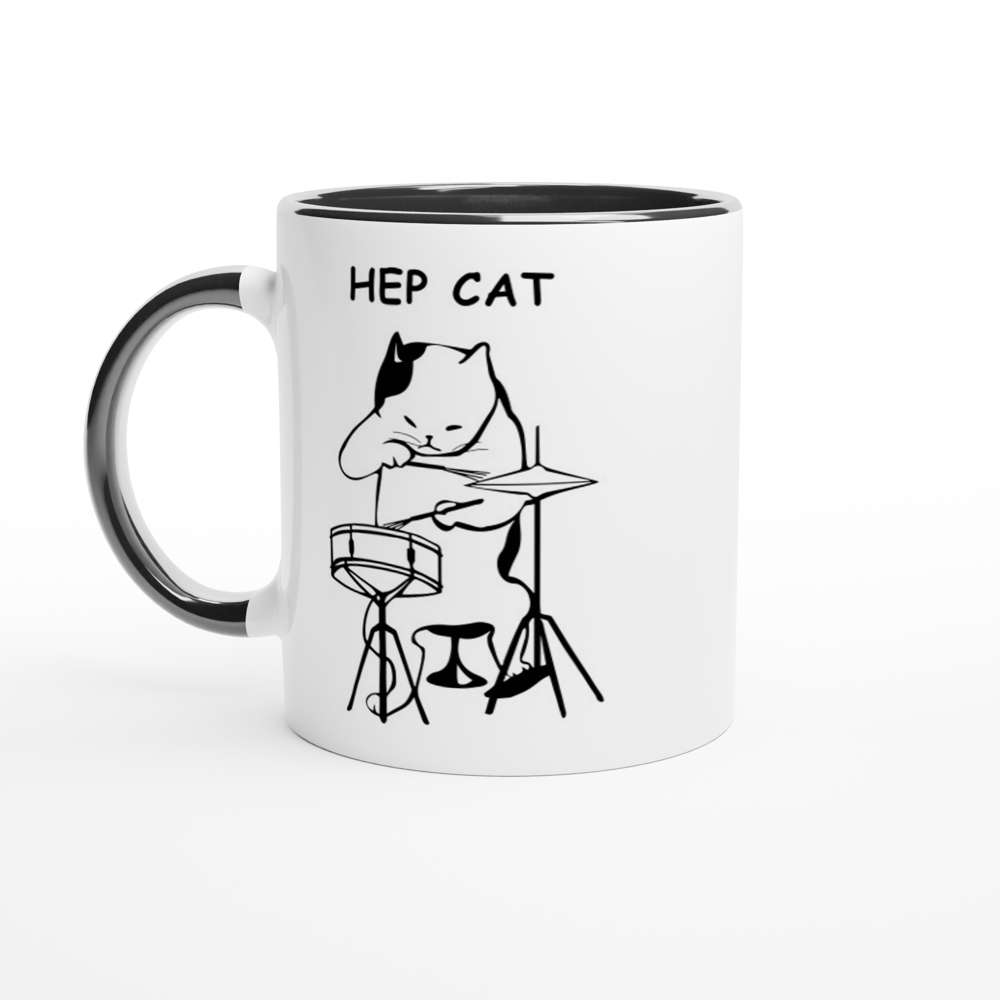 Hep Cat - White 11oz Ceramic Mug with Colour Inside ceramic black Colour 11oz Mug animal Globally Fulfilled Music