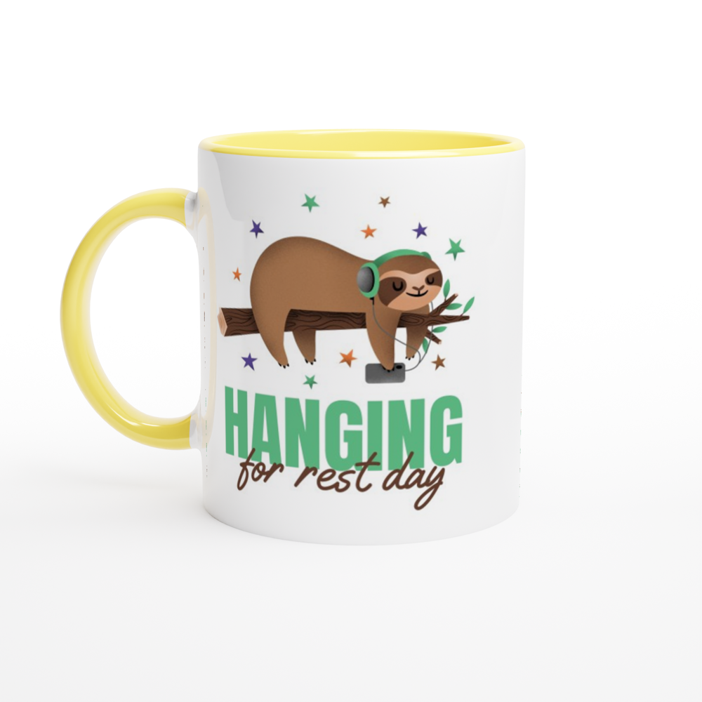 Hanging For Rest Day - White 11oz Ceramic Mug with Colour Inside ceramic yellow Colour 11oz Mug animal Fitness Globally Fulfilled