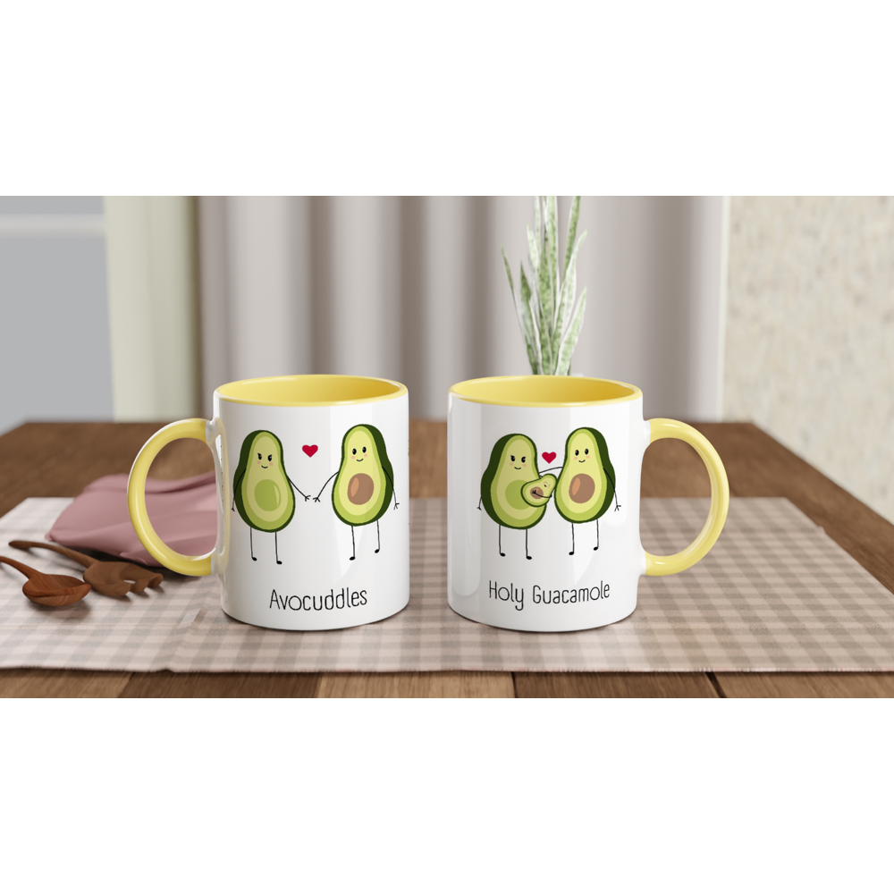 Avocuddles, Holy Guacamole - White 11oz Ceramic Mug with Colour Inside ceramic yellow Colour 11oz Mug Globally Fulfilled Love