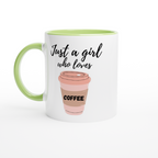 Just A Girl Who Loves Coffee - White 11oz Ceramic Mug with Colour Inside ceramic green Colour 11oz Mug Coffee Globally Fulfilled