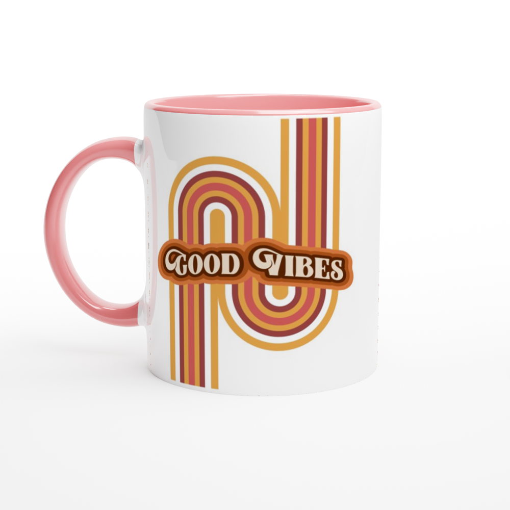 Good Vibes - White 11oz Ceramic Mug with Colour Inside ceramic pink Colour 11oz Mug Globally Fulfilled Retro