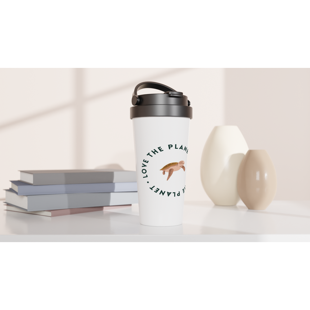 Love The Planet - White 15oz Stainless Steel Travel Mug Travel Mug animal Environment Globally Fulfilled