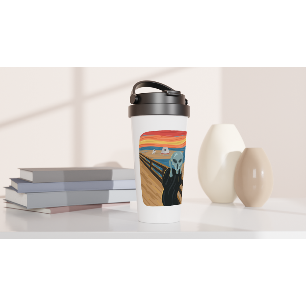 Alien Scream - White 15oz Stainless Steel Travel Mug Travel Mug Globally Fulfilled Sci Fi