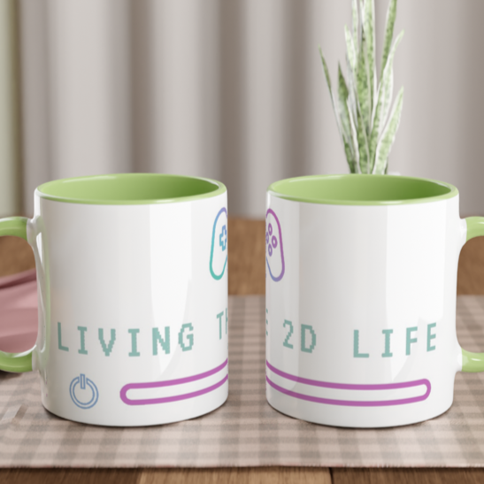 Living The 2D Life White 11oz Ceramic Mug with Colour Inside Colour 11oz Mug Games Globally Fulfilled Tech
