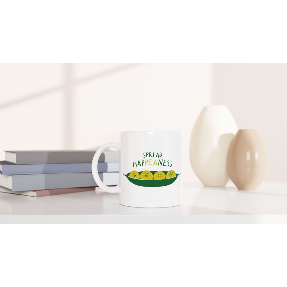 Spread Hap-pea-ness - White 11oz Ceramic Mug White 11oz Mug Globally Fulfilled Motivation