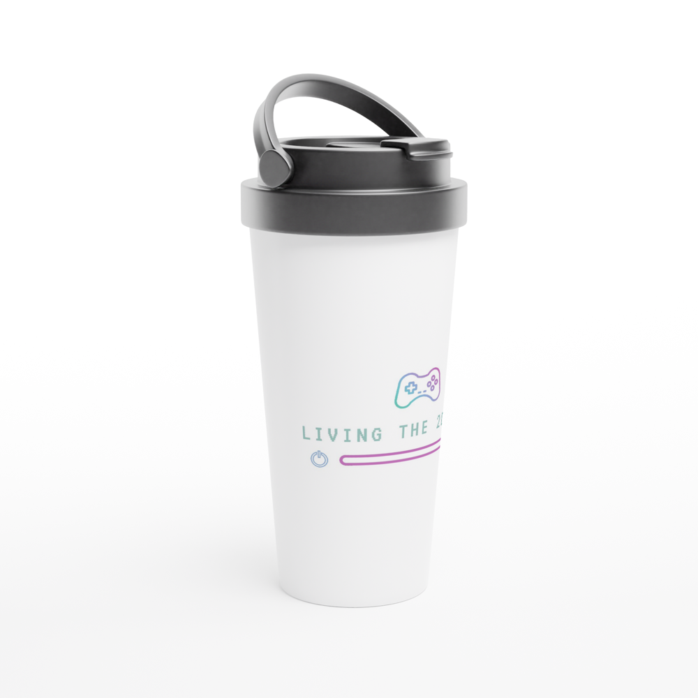Living The 2D Life - White 15oz Stainless Steel Travel Mug Travel Mug Games Globally Fulfilled Tech