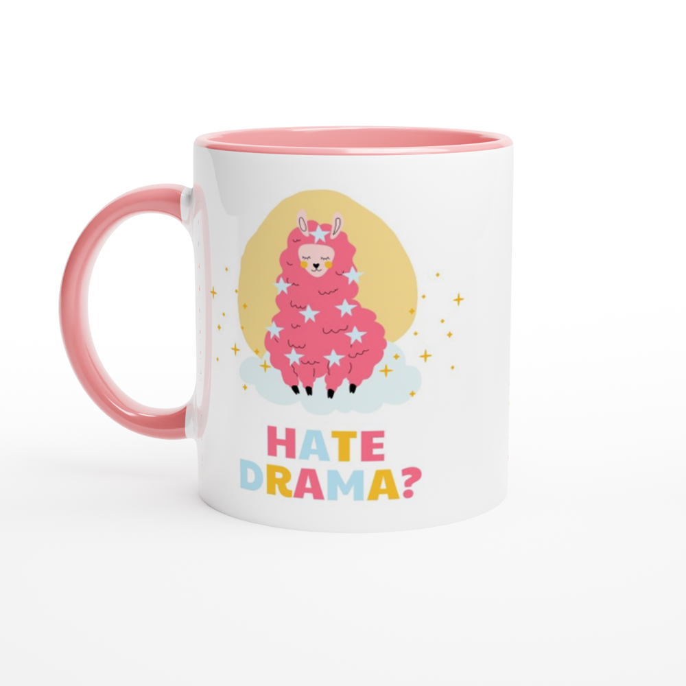 Hate Drama? No Probllama - White 11oz Ceramic Mug with Colour Inside ceramic pink Colour 11oz Mug animal Globally Fulfilled