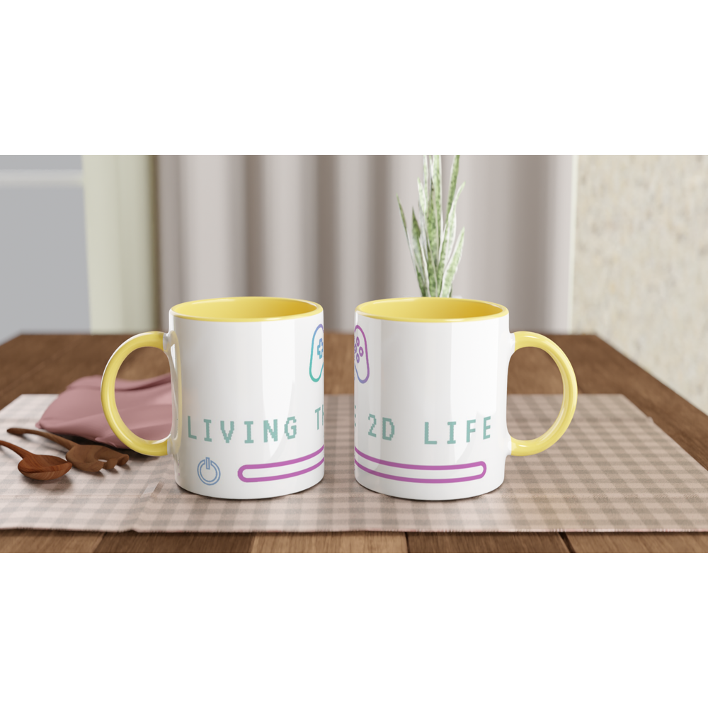 Living The 2D Life White 11oz Ceramic Mug with Colour Inside ceramic yellow Colour 11oz Mug Games Globally Fulfilled Tech