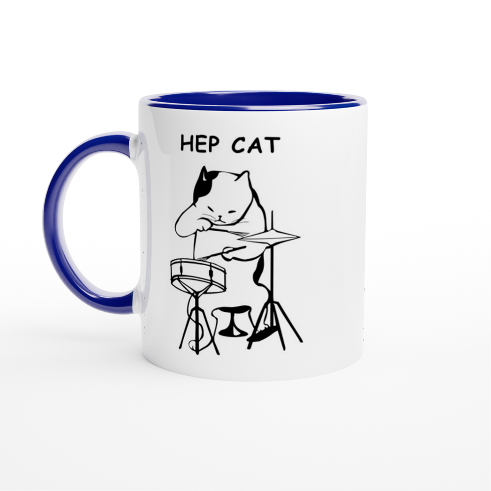 Hep Cat - White 11oz Ceramic Mug with Colour Inside ceramic blue Colour 11oz Mug animal Globally Fulfilled Music