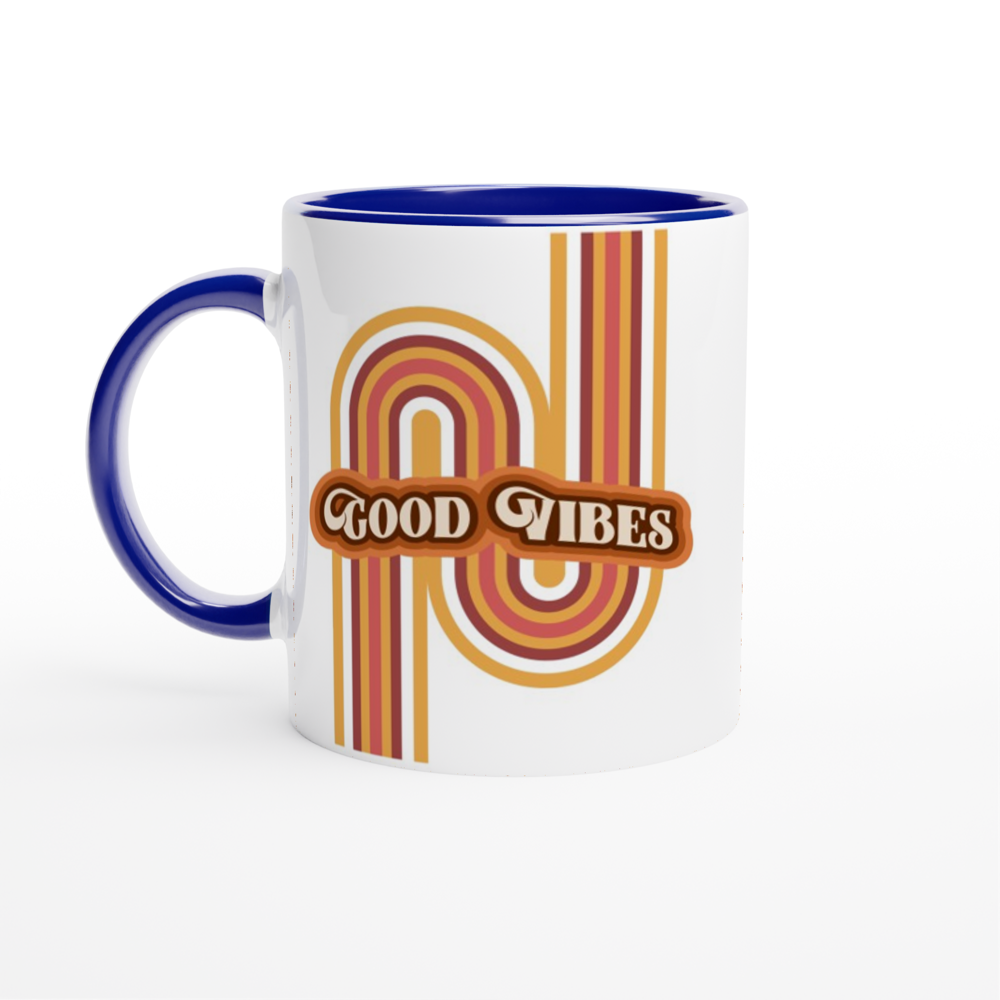 Good Vibes - White 11oz Ceramic Mug with Colour Inside ceramic blue Colour 11oz Mug Globally Fulfilled Retro