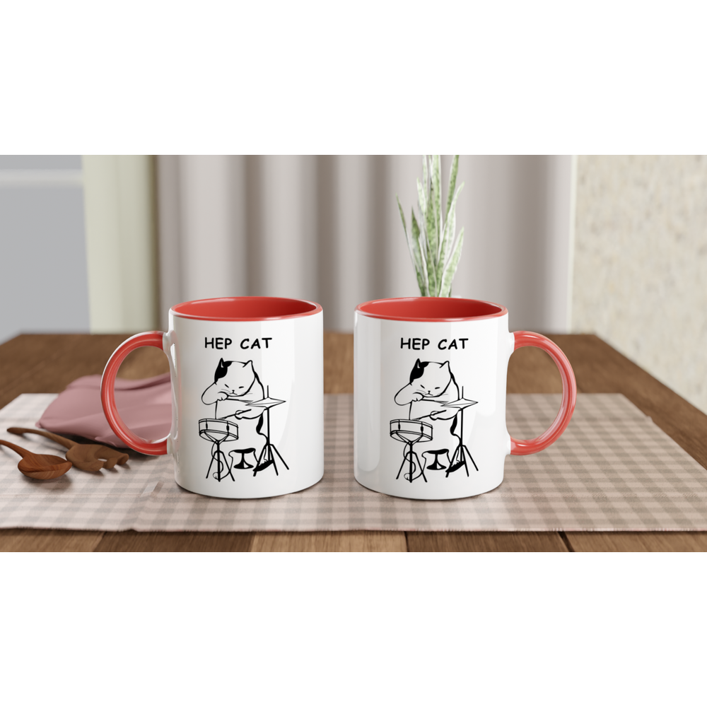 Hep Cat - White 11oz Ceramic Mug with Colour Inside Colour 11oz Mug animal Globally Fulfilled Music