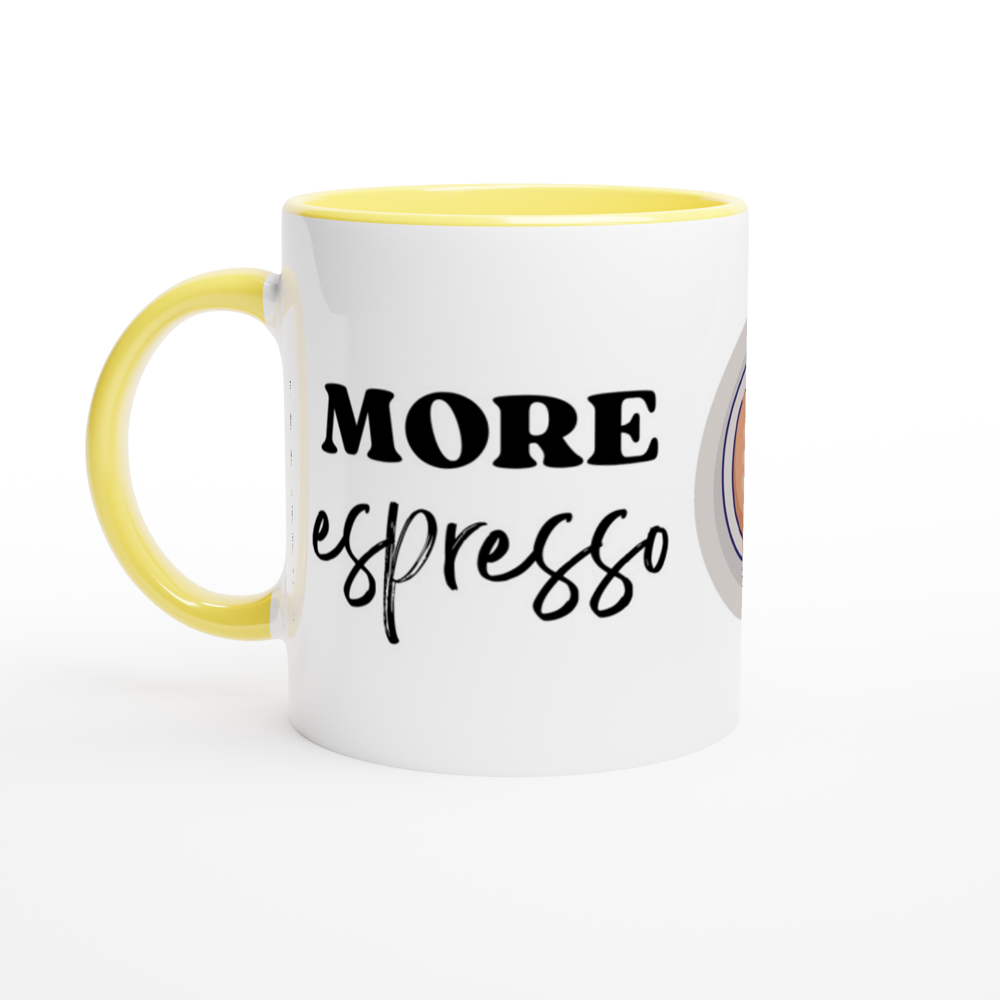 More Espresso, Less Depresso - White 11oz Ceramic Mug with Colour Inside ceramic yellow Colour 11oz Mug Coffee Globally Fulfilled