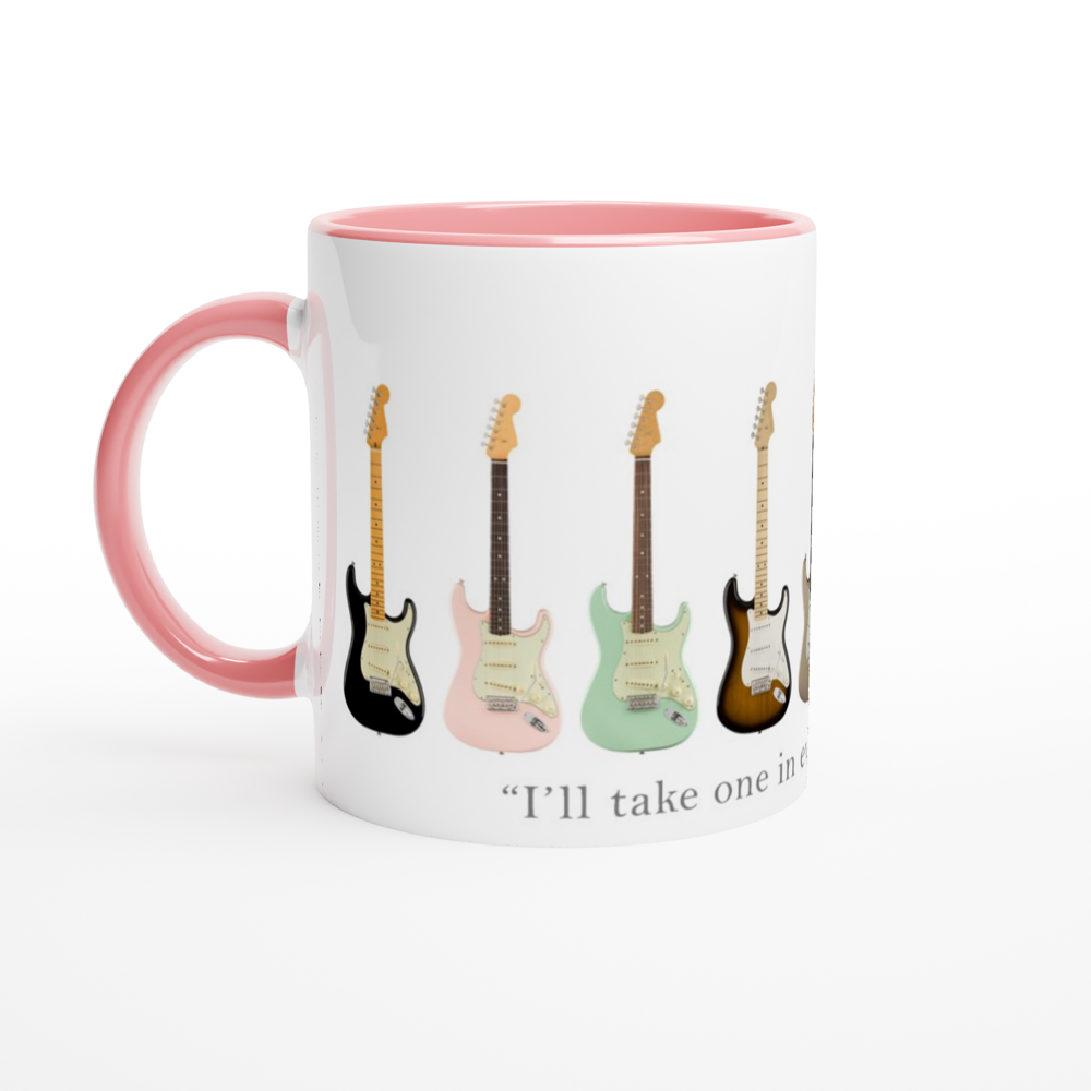 Guitars In Every Colour - White 11oz Ceramic Mug with Colour Inside ceramic pink Colour 11oz Mug Globally Fulfilled Music
